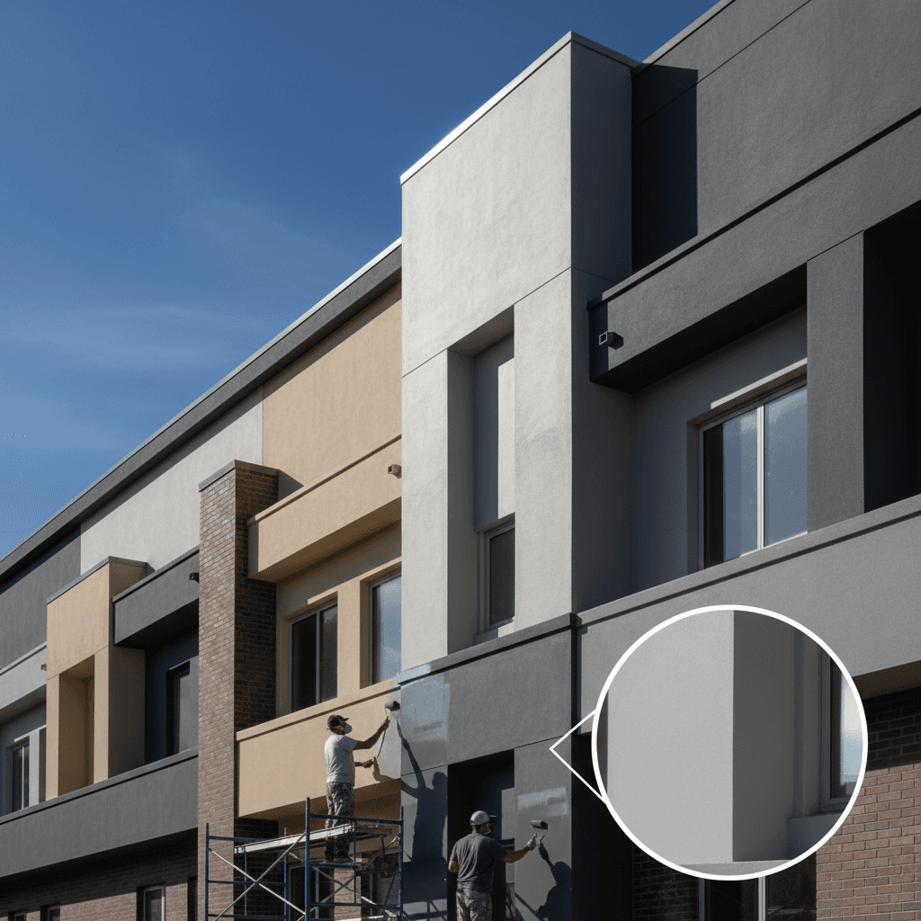 Commercial building exterior receiving professional paint application