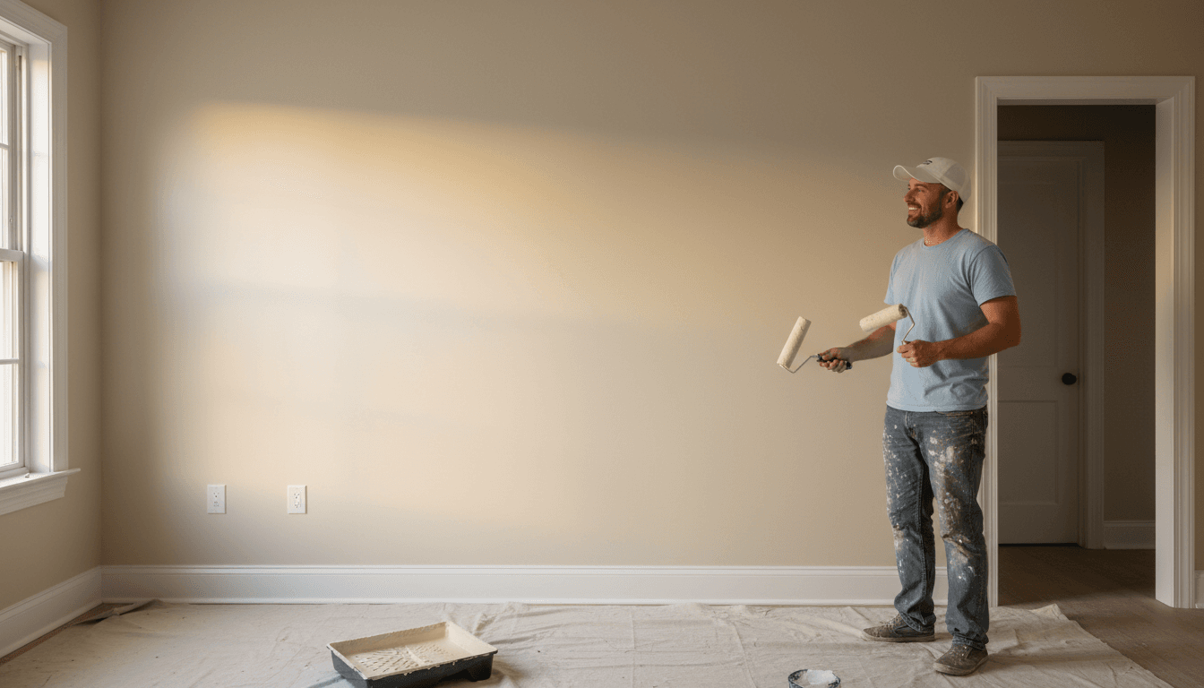Professional painter reviewing freshly painted interior wall with natural light
