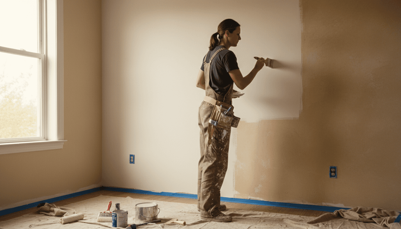 Professional painter carefully applying paint to an interior wall