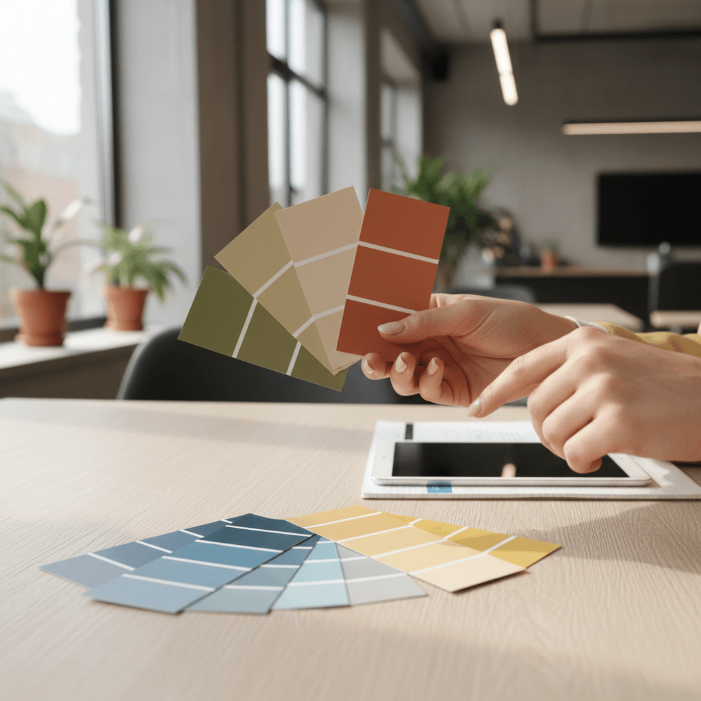 Professional paint color consultation with multiple commercial paint samples